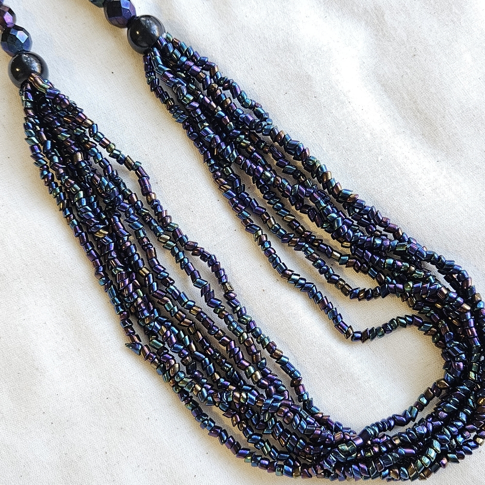 Multi Strand Iridescent Purple Bohemian Glass Bugle Beaded 36" Necklace
